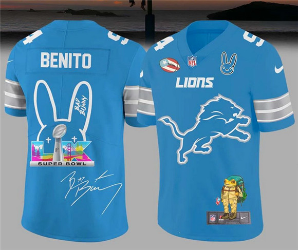 Men's Detroit Lions Blue Bad Bunny Super Bowl Football Jersey